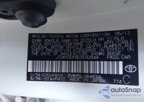 2013 Toyota Prius Plug-In из США, поврежденный, VIN JTDKN3DP8D3042844